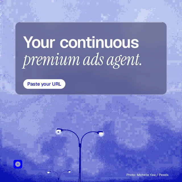 Instagram post for BuzzBomb: "Your continuous premium ads agent." Glass style, technique:pexels ingredient layout, light palette in blue.