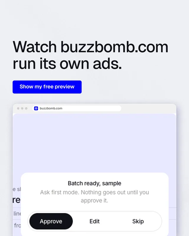 Instagram portrait post for BuzzBomb: "Watch buzzbomb.com run its own ads." Data card style, browser layout, light palette in white, blue.
