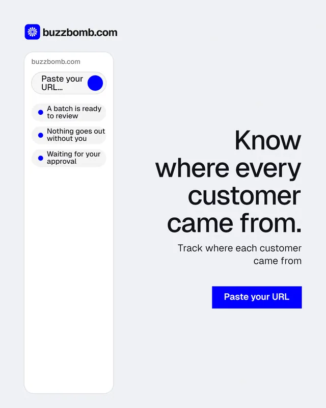 Instagram portrait post for BuzzBomb: "Know where every customer came from." Swiss style, right layout, light palette in white, blue.