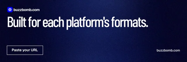 X header for BuzzBomb: "Built for each platform's formats." Dark deco style, poster layout, dark palette in black, blue, grey.