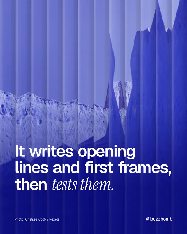 Instagram portrait post for BuzzBomb: "It writes opening lines and first frames, then tests them." Photo style, technique:fluted glass layout, dark palette in blue.