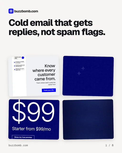 Carousel for BuzzBomb: "Cold email that gets replies, not spam flags.". Collection carousel, 8 slides, light palette.