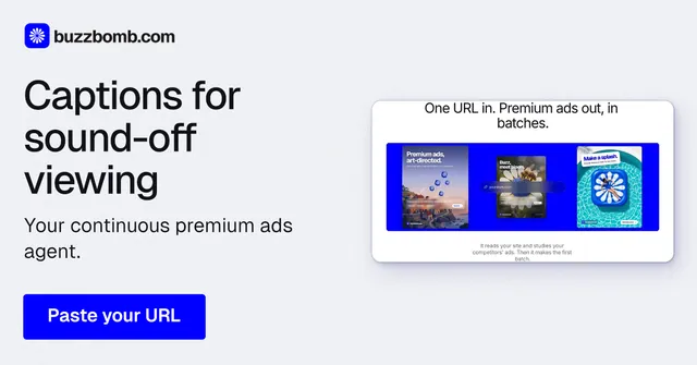 Social ad for BuzzBomb: "Captions for sound-off viewing". Data card style, bottom layout, light palette in white, blue.