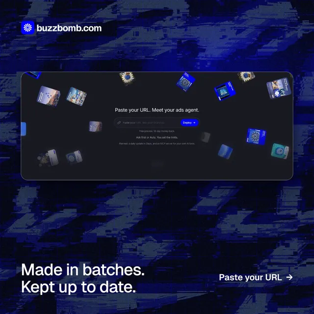 Instagram post for BuzzBomb: "Made in batches. Kept up to date." Phosphor atlas style, image led layout, dark palette in blue, black.