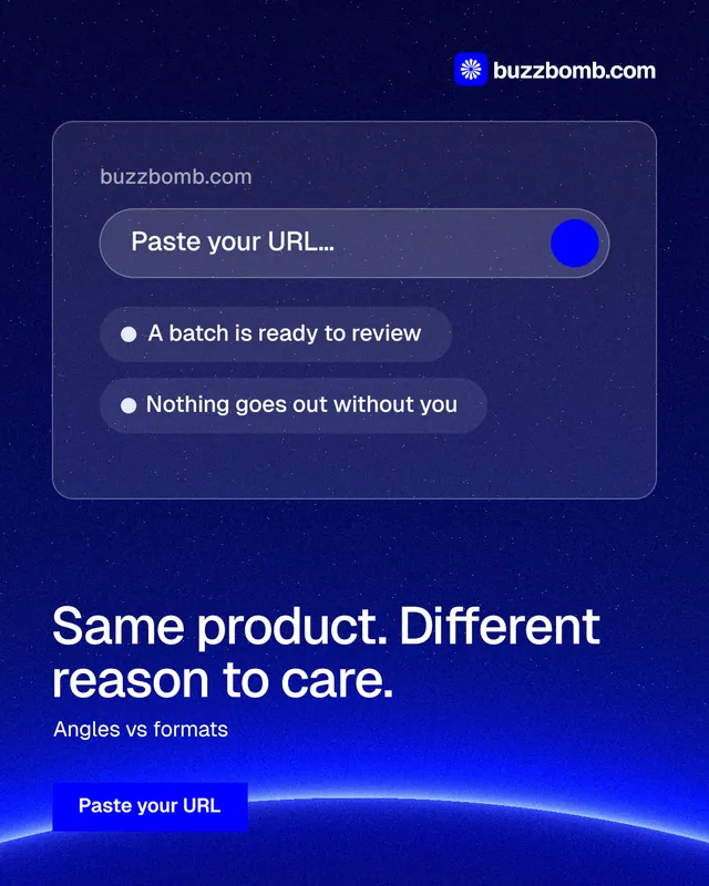 Instagram portrait post for BuzzBomb: "Same product. Different reason to care." Swiss style, bottom layout, dark palette in blue.