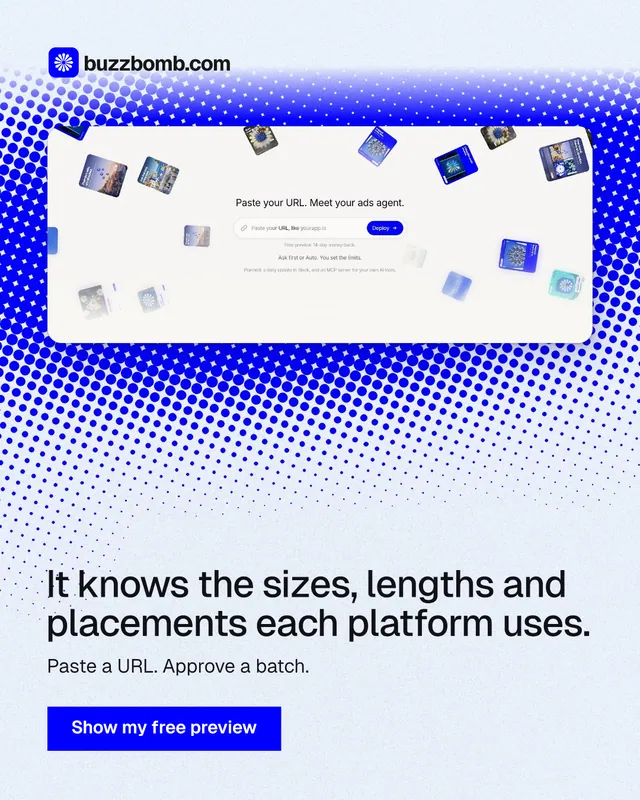 Instagram portrait post for BuzzBomb: "It knows the sizes, lengths and placements each platform uses." Swiss style, bottom layout, light palette in white, blue.