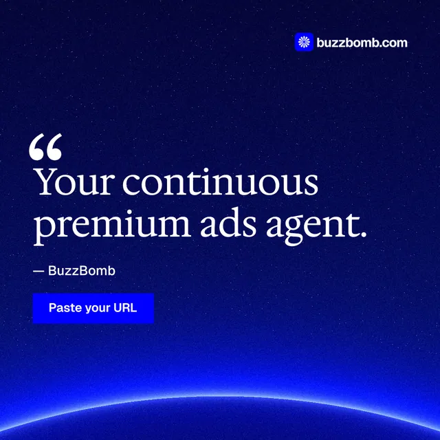 Instagram post for BuzzBomb: "Your continuous premium ads agent." Swiss style, quote layout, dark palette in blue.
