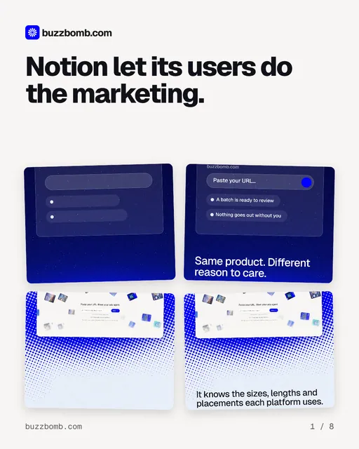 Carousel for BuzzBomb: "Notion let its users do the marketing.". Collection carousel, 8 slides, light palette.