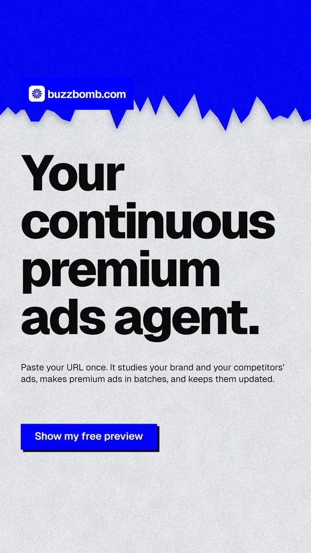Instagram story for BuzzBomb: "Your continuous premium ads agent." Paper trio style, announce layout, light palette in blue, white, grey.