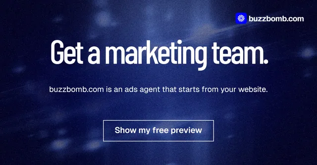 Social ad for BuzzBomb: "Get a marketing team." Dark deco style, centred layout, dark palette in black, blue.