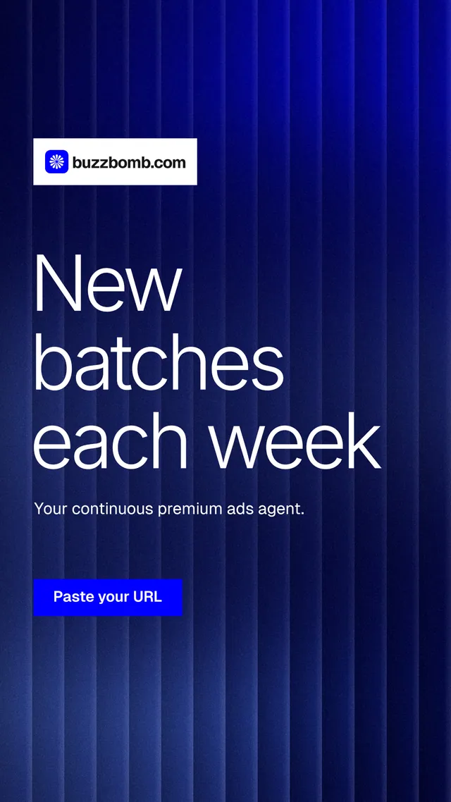 Instagram story for BuzzBomb: "New batches each week". Swiss style, announce layout, dark palette in blue.