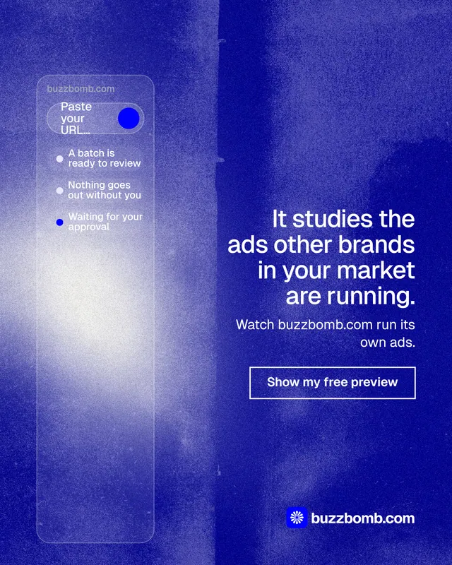 Instagram portrait post for BuzzBomb: "It studies the ads other brands in your market are running." Cyanotype style, right layout, dark palette in blue.