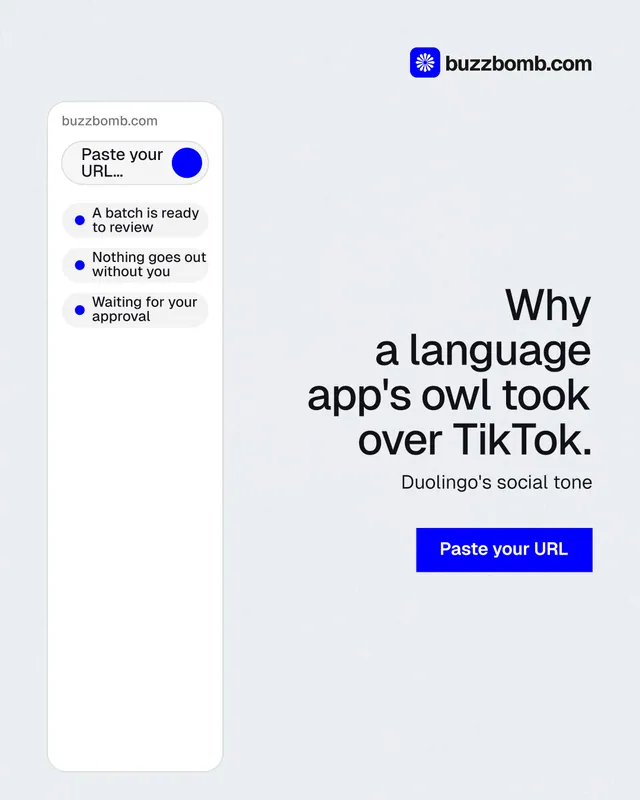 Instagram portrait post for BuzzBomb: "Why a language app's owl took over TikTok." Swiss style, right layout, light palette in white, blue.