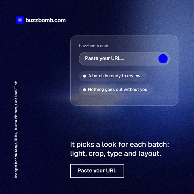 Instagram post for BuzzBomb: "One agent for Meta, Google, TikTok, LinkedIn, Pinterest, X and ChatGPT ads." Dark deco style, vertical layout, dark palette in blue, black.