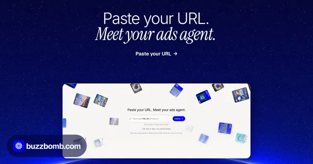 Social ad for BuzzBomb: "Paste your URL. Meet your ads agent." Swiss style, ogui layout, dark palette in blue, white.