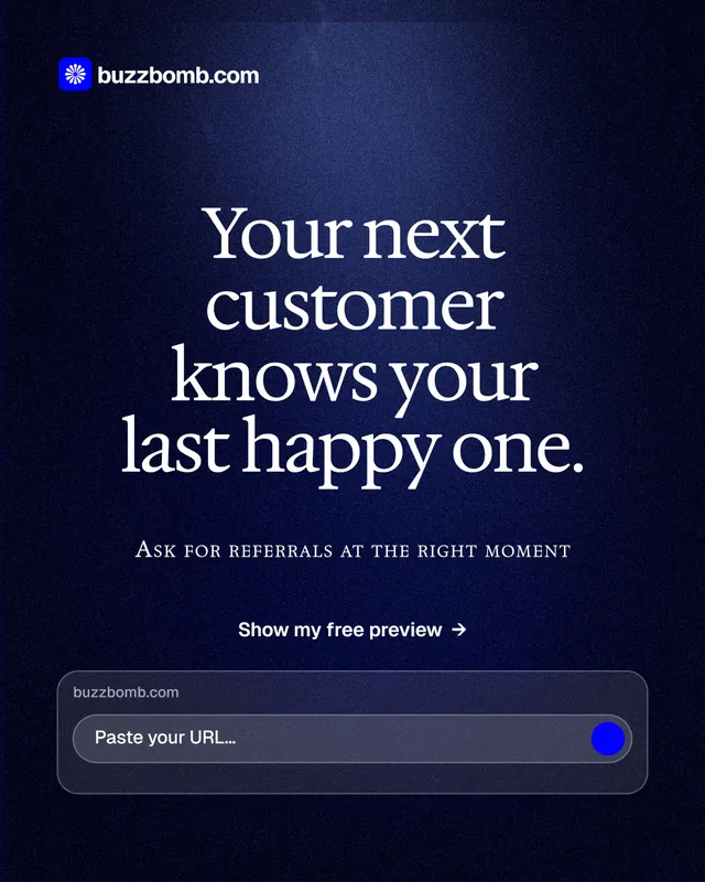 Instagram portrait post for BuzzBomb: "Your next customer knows your last happy one." Dark deco style, smallcaps layout, dark palette in blue, black.