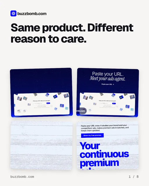 Carousel for BuzzBomb: "Same product. Different reason to care.". Collection carousel, 8 slides, light palette.