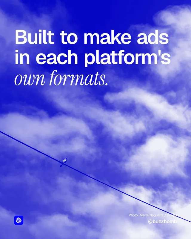 Instagram portrait post for BuzzBomb: "Built to make ads in each platform's own formats." Duotone style, technique:pexels ingredient layout, light palette in blue.