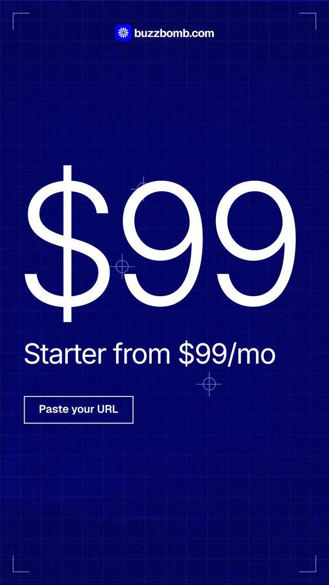 Instagram story for BuzzBomb: "Premium ads for every small brand." Blueprint style, stat layout, dark palette in blue.
