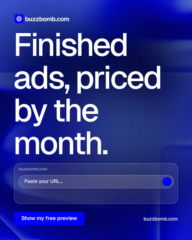 Instagram portrait post for BuzzBomb: "Finished ads, priced by the month." Swiss style, poster layout, dark palette in blue.