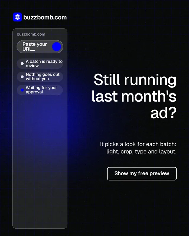 Instagram portrait post for BuzzBomb: "Still running last month's ad?" Phosphor atlas style, right layout, dark palette in black, blue.