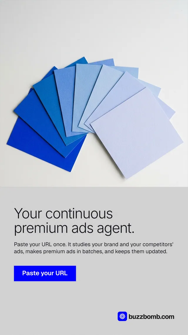 Instagram story for BuzzBomb: "Your continuous premium ads agent." Swiss style, bottom layout, light palette in white, blue.