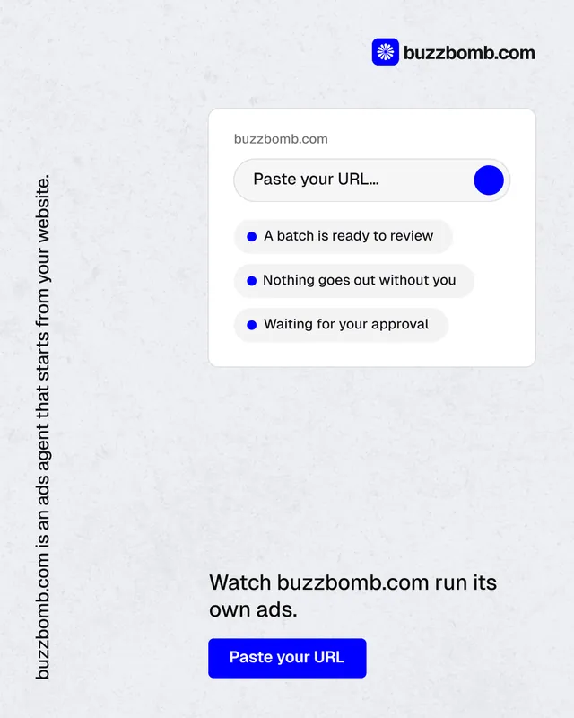 Instagram portrait post for BuzzBomb: "buzzbomb.com is an ads agent that starts from your website." Data card style, vertical layout, light palette in white, blue.