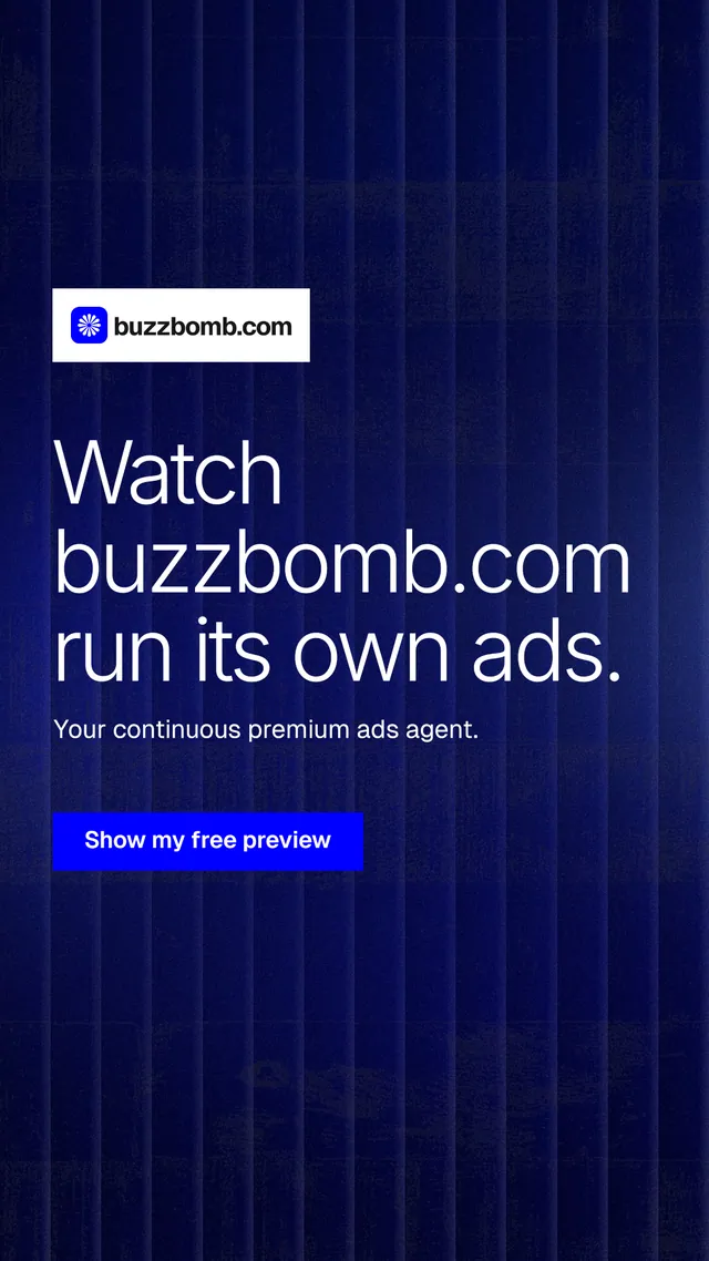 Instagram story for BuzzBomb: "Watch buzzbomb.com run its own ads." Swiss style, announce layout, dark palette in black, blue.