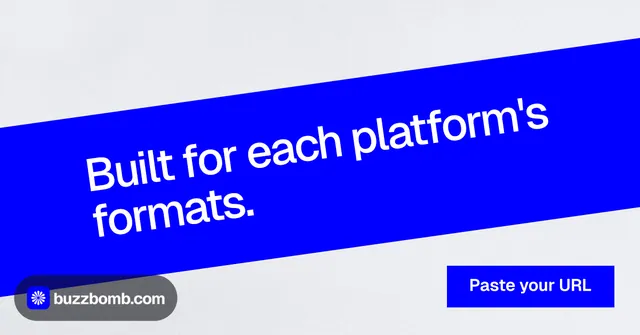 Social ad for BuzzBomb: "Built for each platform's formats." Swiss style, diagonal layout, light palette in blue, white.