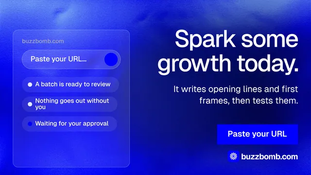 Landscape graphic for BuzzBomb: "Spark some growth today." Swiss style, right layout, dark palette in blue.