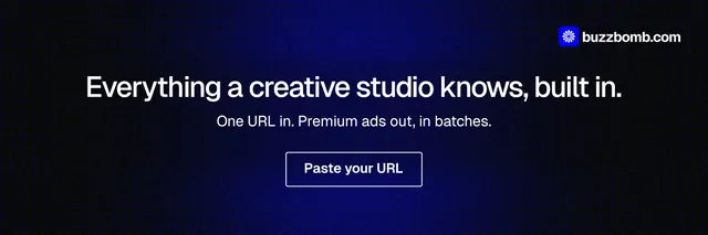 X header for BuzzBomb: "Everything a creative studio knows, built in." Phosphor atlas style, centred layout, dark palette in black, blue.