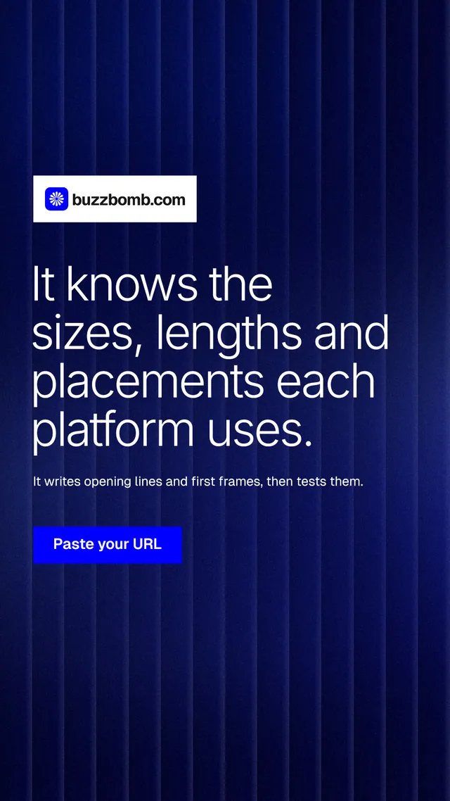 Instagram story for BuzzBomb: "It knows the sizes, lengths and placements each platform uses." Swiss style, announce layout, dark palette in blue, black.