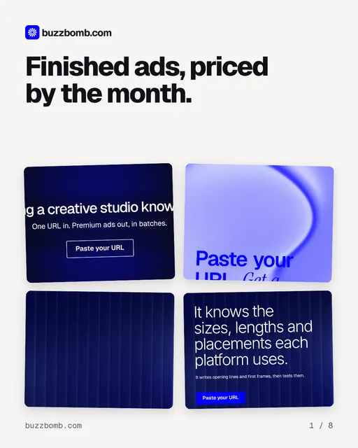 Carousel for BuzzBomb: "Finished ads, priced by the month.". Collection carousel, 8 slides, light palette.