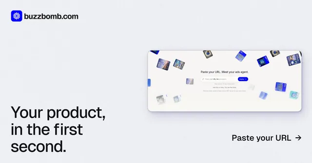 Social ad for BuzzBomb: "Your product, in the first second." Data card style, image led layout, light palette in white, grey.