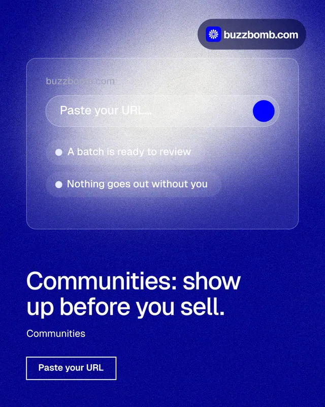 Instagram portrait post for BuzzBomb: "Communities: show up before you sell." Cyanotype style, bottom layout, dark palette in blue.