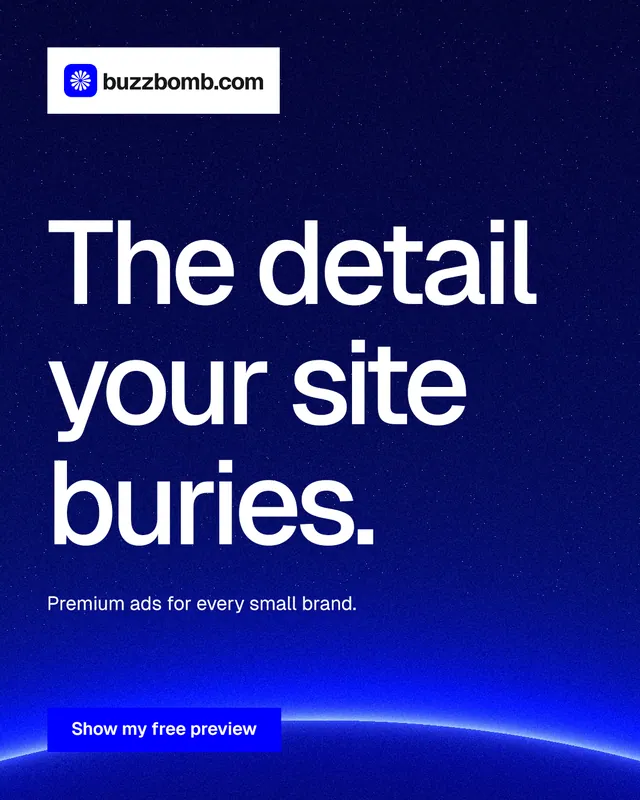 Instagram portrait post for BuzzBomb: "The detail your site buries." Swiss style, announce layout, dark palette in blue.