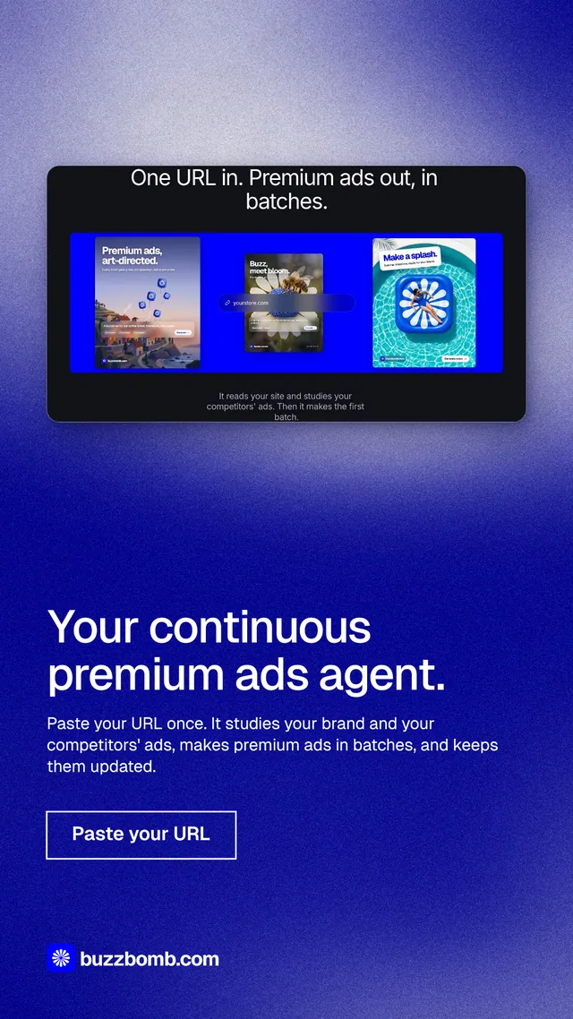Instagram story for BuzzBomb: "Your continuous premium ads agent." Cyanotype style, bottom layout, dark palette in blue.
