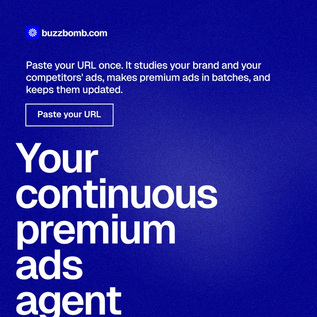 Instagram post for BuzzBomb: "Your continuous premium ads agent." Cyanotype style, oversized layout, dark palette in blue.