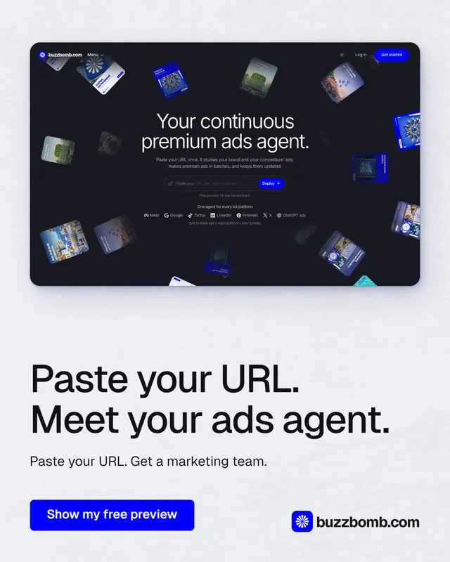 Instagram portrait post for BuzzBomb: "Paste your URL. Meet your ads agent." Data card style, bottom layout, light palette in blue, white, grey.