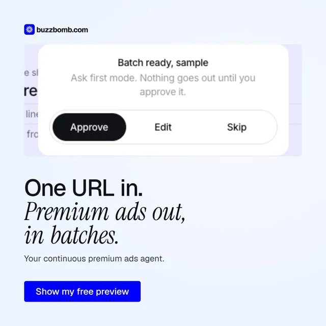 Video for BuzzBomb: "One URL in. Premium ads out, in batches.". Doc motion loop, 8.0 s, light palette.