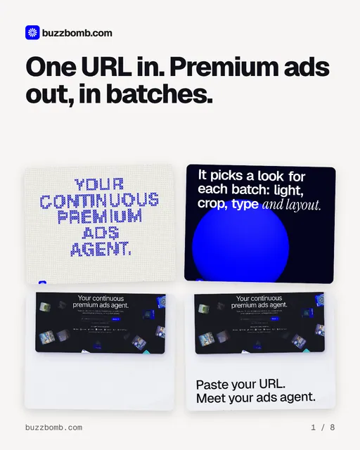 Carousel for BuzzBomb: "One URL in. Premium ads out, in batches.". Collection carousel, 8 slides, light palette.