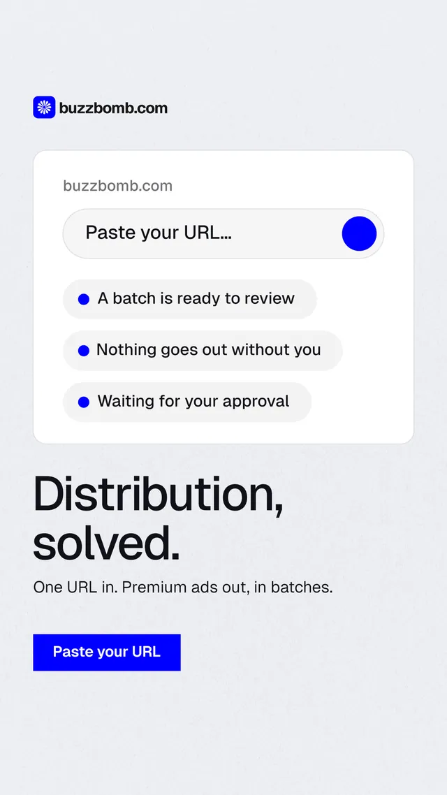 Instagram story for BuzzBomb: "Distribution, solved." Swiss style, bottom layout, light palette in white, blue.