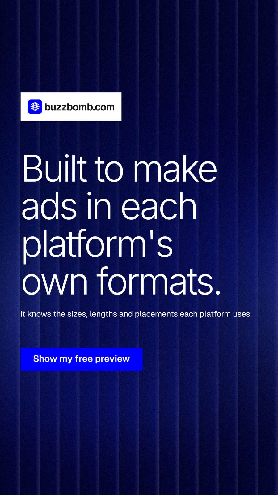 Instagram story for BuzzBomb: "Built to make ads in each platform's own formats." Swiss style, announce layout, dark palette in black, blue.