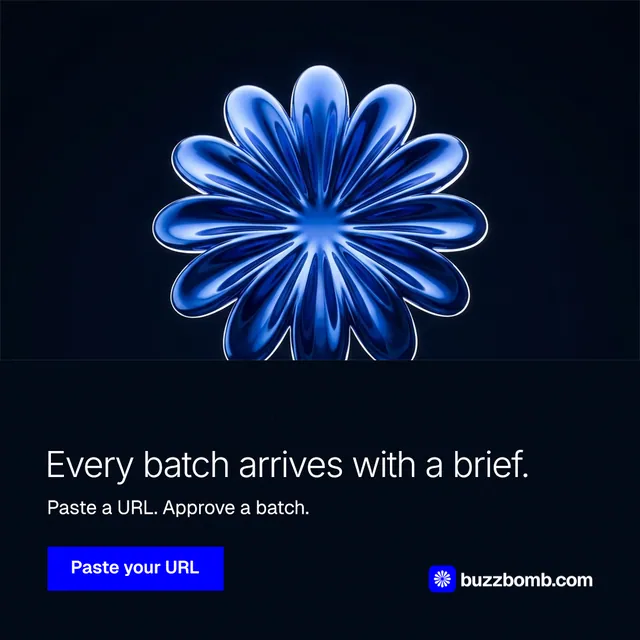 Instagram post for BuzzBomb: "Every batch arrives with a brief." Swiss style, bottom layout, dark palette in black, blue.
