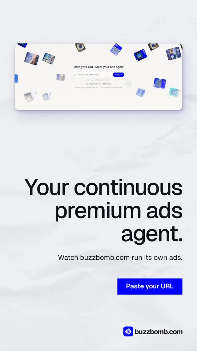 Instagram story for BuzzBomb: "Your continuous premium ads agent." Swiss style, right layout, light palette in white, blue.