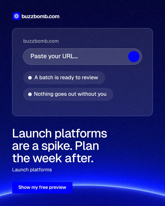 Instagram portrait post for BuzzBomb: "Launch platforms are a spike. Plan the week after." Swiss style, bottom layout, dark palette in blue.