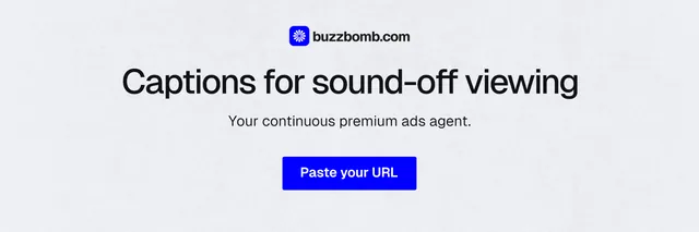 X header for BuzzBomb: "Captions for sound-off viewing". Data card style, centred layout, light palette in white, blue.