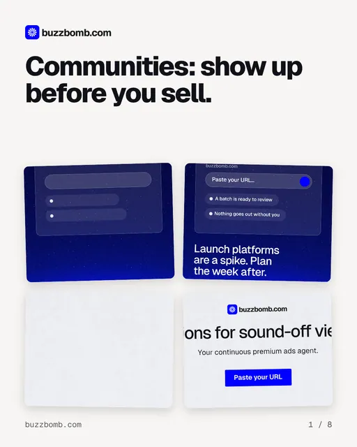 Carousel for BuzzBomb: "Communities: show up before you sell.". Collection carousel, 8 slides, light palette.