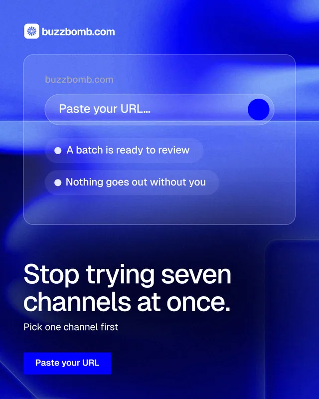 Instagram portrait post for BuzzBomb: "Stop trying seven channels at once." Swiss style, bottom layout, dark palette in blue.