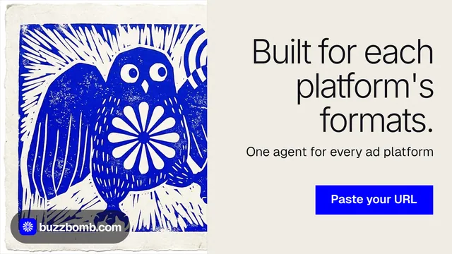 Landscape graphic for BuzzBomb: "Built for each platform's formats." Swiss style, right layout, light palette in yellow, blue, grey.